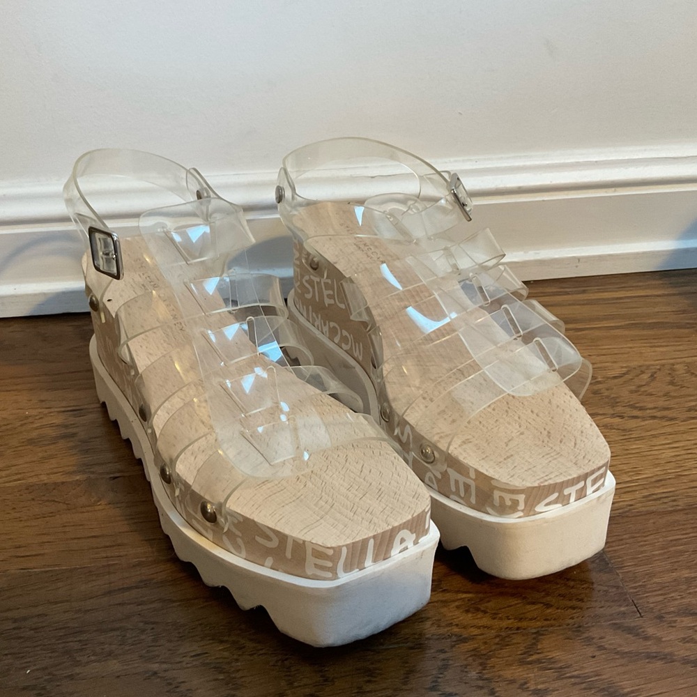 Stella McCartney Elyse Transparent Logo platform sandals size 37.5.